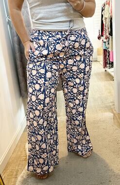 And For Good Floral Print Wide Leg Trouser Baggy High Rise Pants Blue Pink L/XL